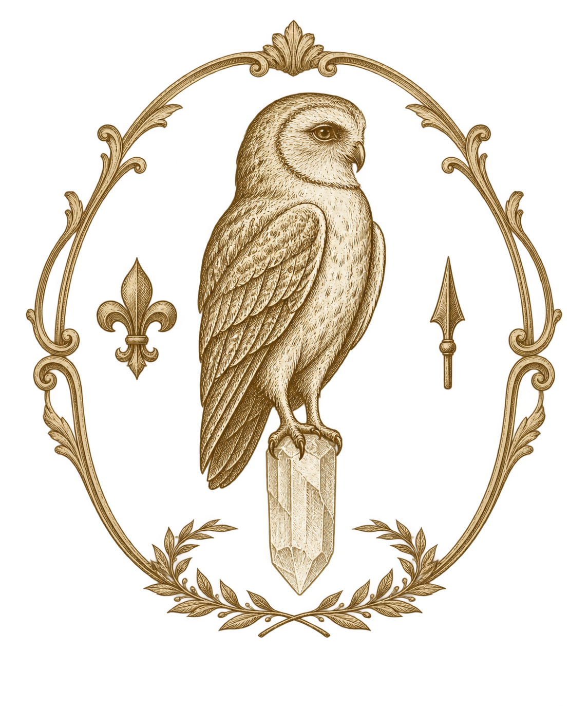VERION-Wappen: Eule auf einem Bergkristall, mit Lilie, Speerspitze und Lorbeer